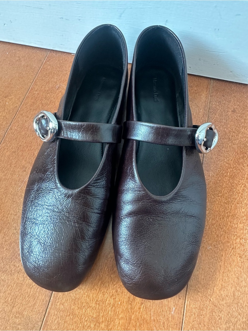Massimo Dutti Dark Brown Leather Mary Jane Flats with Silver Buckle